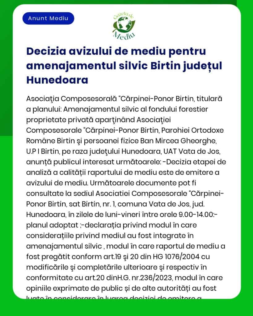 APM anunță decizia de emitere a acordului de mediu pentru proiectul 'Amenajamentul silvic al fondului forestier proprietate publică aparținând statului UP VI Şureanu Ocolul Silvic Sebeș' județul Hunedoara