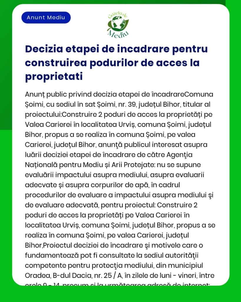 APM anunță luarea deciziei etapei de încadrare pentru proiectul Construire 2 poduri de acces propus la proprietăți private a fi amplasat în comuna Șoimi județul Bihor