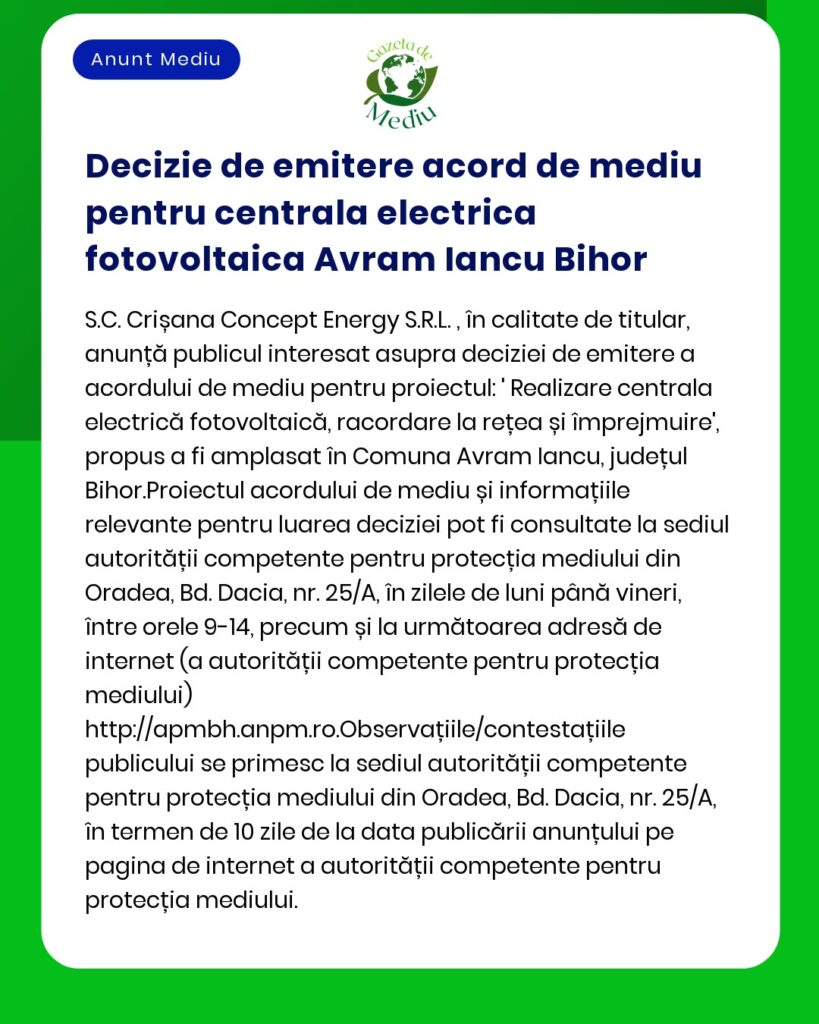 APM anunță emiterea acordului de mediu pentru proiectul Construire parc fotovoltaic Avram Iancu Bihor