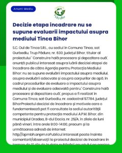 APM anunță depunerea solicitării de emitere a acordului de mediu pentru proiectul Construire hală procesare ouă a propus a fi amplasat în localitatea Tinca județul Bihor