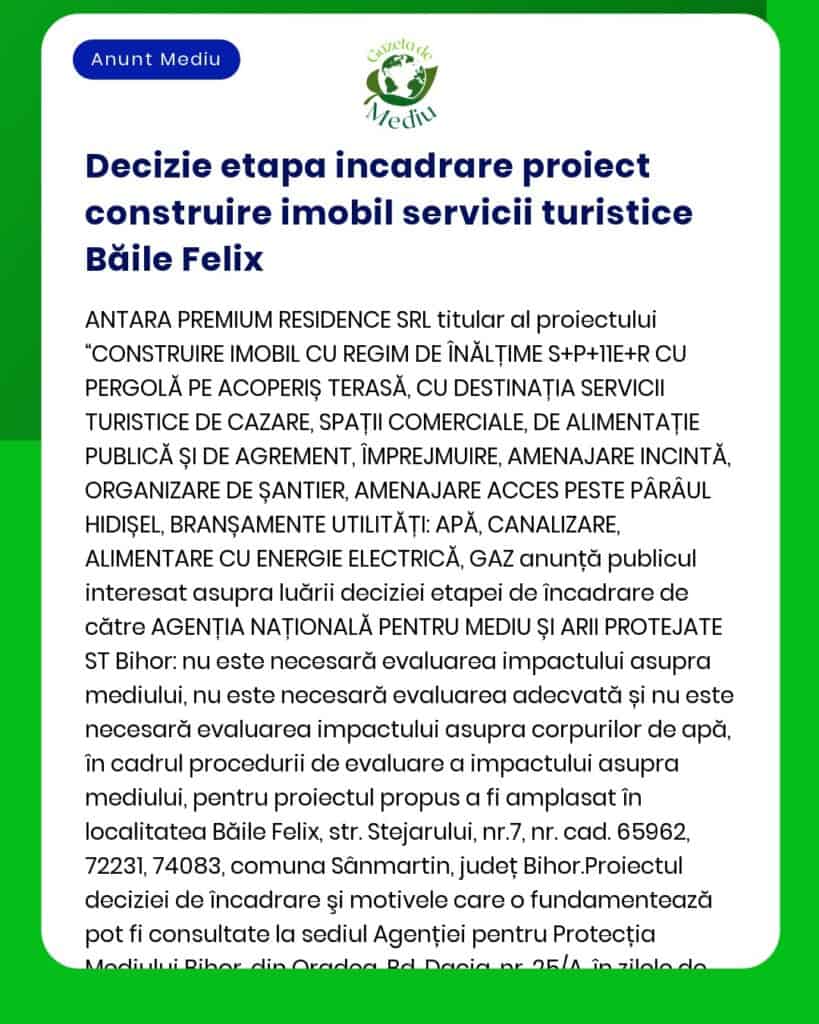 Informare privind decizia etapei de încadrare pentru proiectul Construire complex servicii turistice Băile Felix emisă de APM