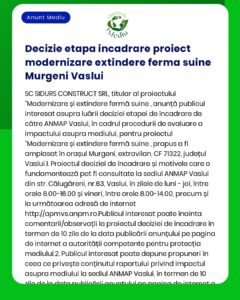 APM anunță decizia etapei de încadrare pentru proiectul 'Extindere capacitatea fermă creșterea porci existentă' a propus a fi amplasat în orașul Murgeni județul Vaslui