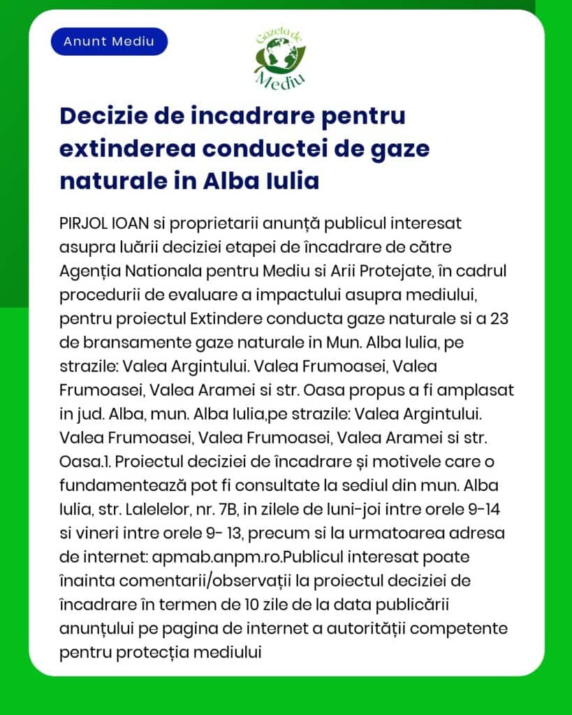 Decizie de incadrare pentru extinderea conductei de gaze naturale in A