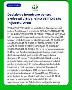 Decizie de încadrare pentru proiectul VITIS și VINO VERITAS SRL în jud