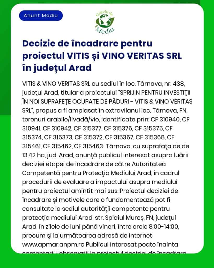 Decizie de încadrare pentru proiectul VITIS și VINO VERITAS SRL în jud