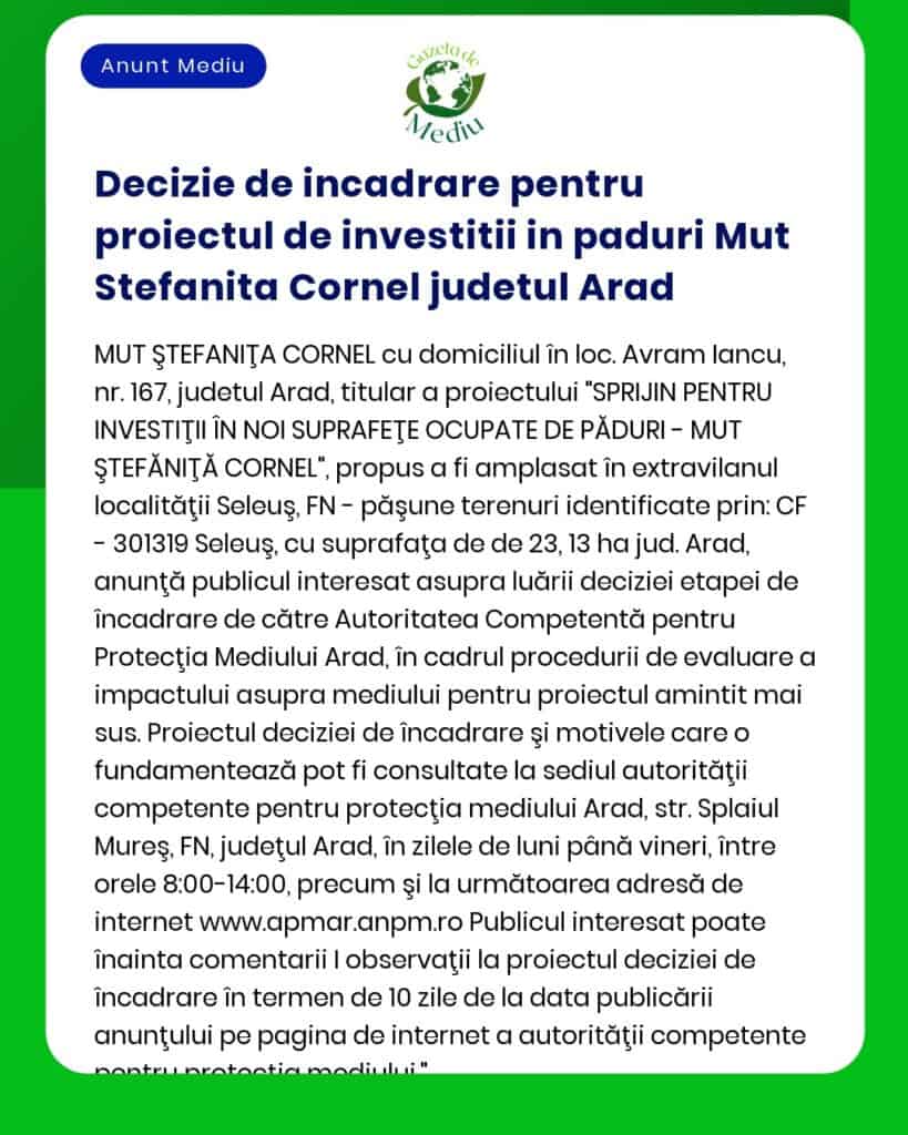 Decizie de incadrare pentru proiectul de investitii in paduri Mut Stef