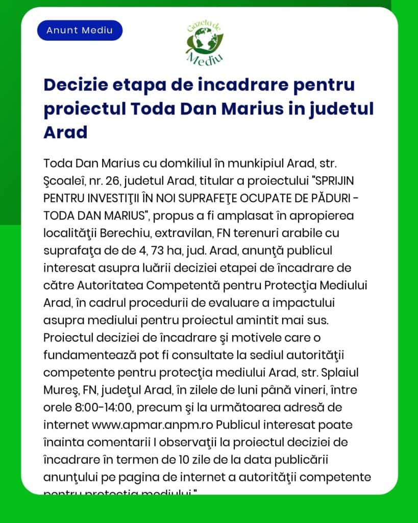 Decizie etapa de incadrare pentru proiectul Toda Dan Marius in judetul