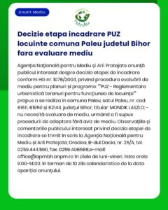 Decizie etapa incadrare PUZ locuinte comuna Paleu judetul Bihor fara e