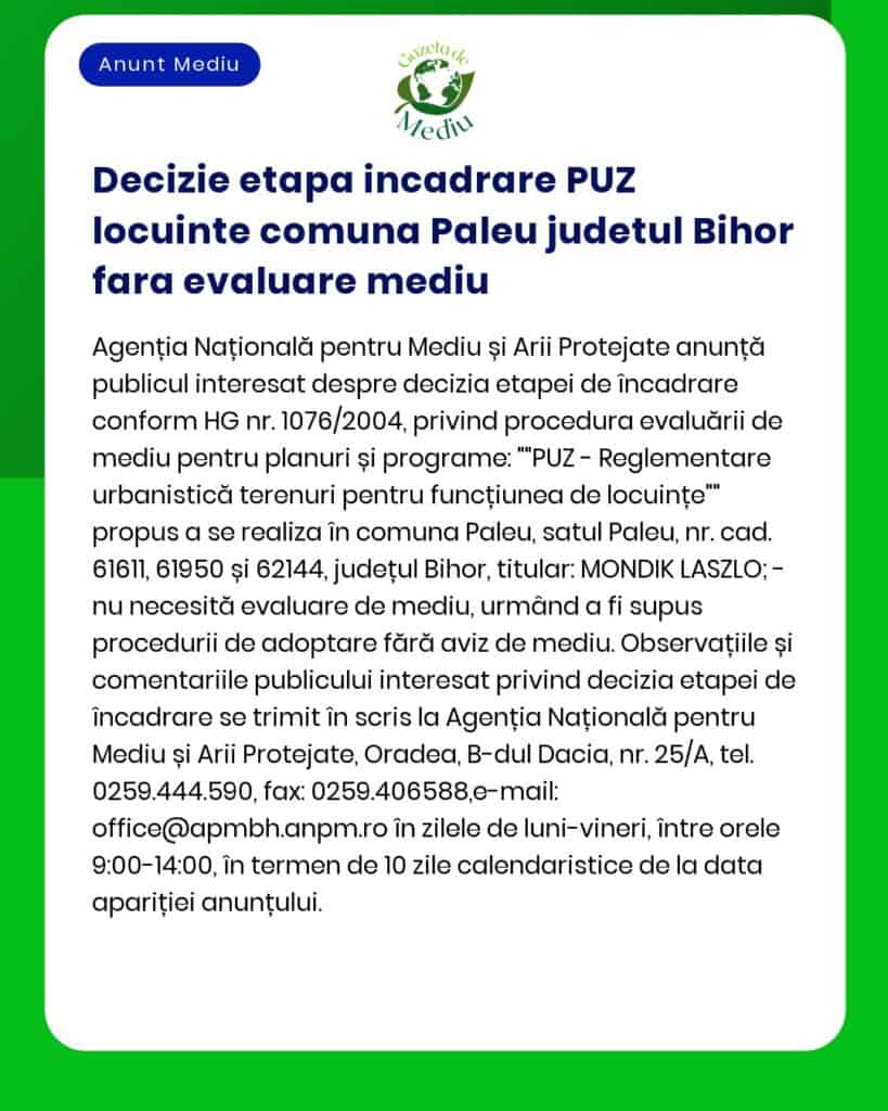 Decizie etapa incadrare PUZ locuinte comuna Paleu judetul Bihor fara e
