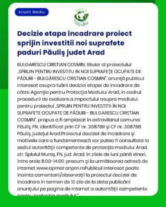 Decizie etapa incadrare proiect sprijin investitii noi suprafete padur