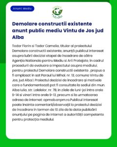 Anunț privind depunerea solicitării de emitere a acordului de mediu pentru proiectul Desființare construcții existente propus a fi amplasat în loc Vințu de Jos jud Alba