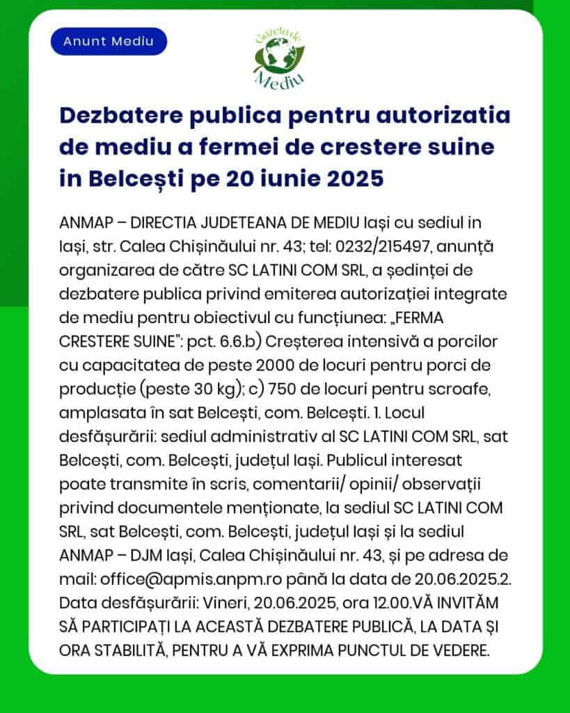Dezbatere publica pentru autorizatia de mediu a fermei de crestere sui