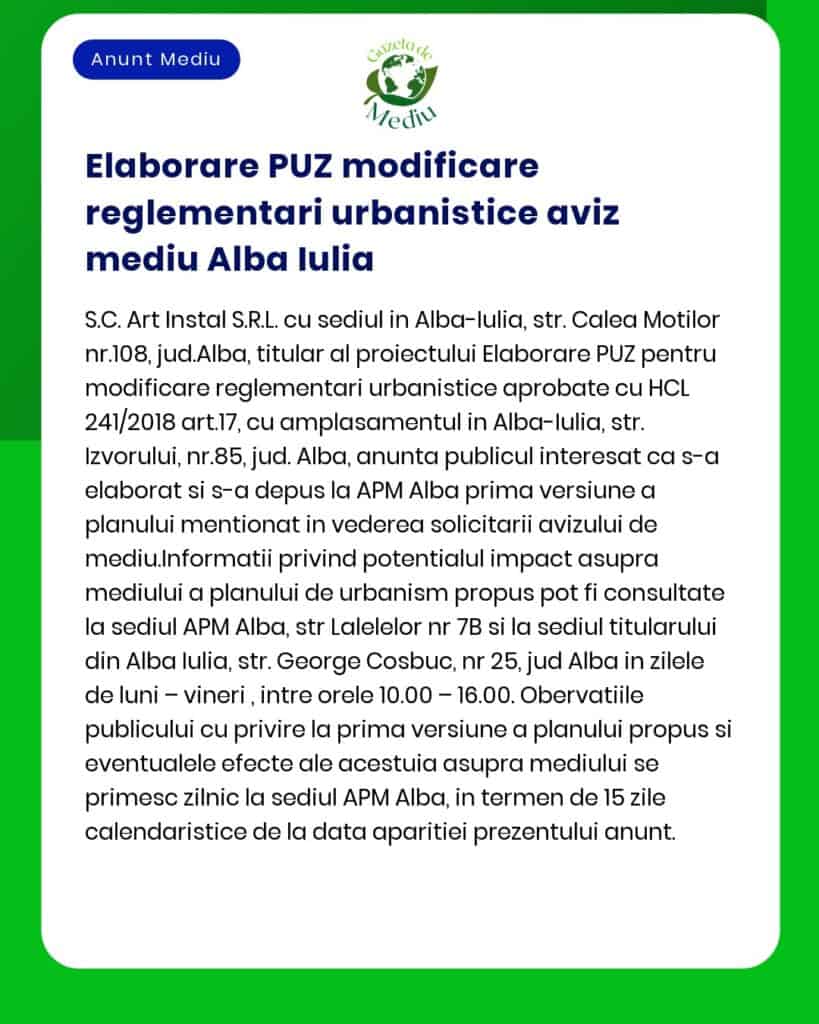 APM anunță elaborarea PUZ – modificare reglementări urbanistice în Alba Iulia