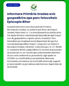 Se anunță depunerea solicitării de emitere a acordului de mediu pentru proiectul Platformă depozitare pietriș și nisip Episcopia Bihor – etapa 1 a propus a fi amplasat în municipiul Oradea titular Primăria Oradea