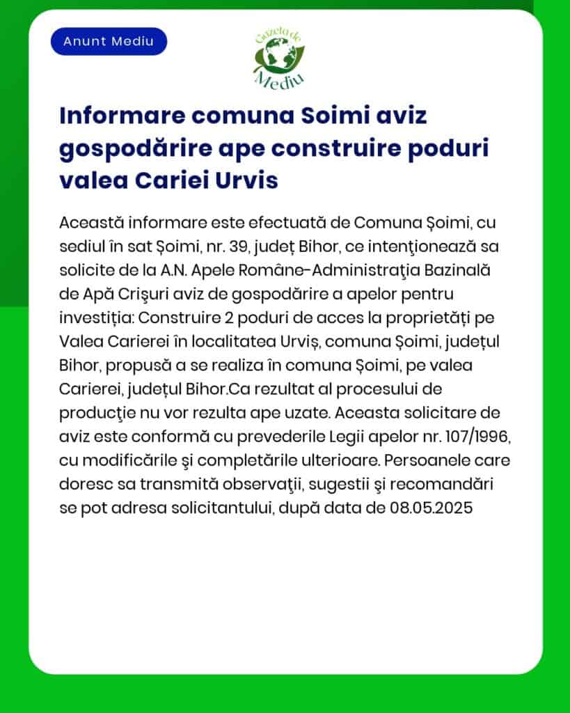 Permis de management al apelor pentru comuna Șoimi privind construirea a două poduri de acces peste valea Caria Urviș decizia emisă la data de 08052025