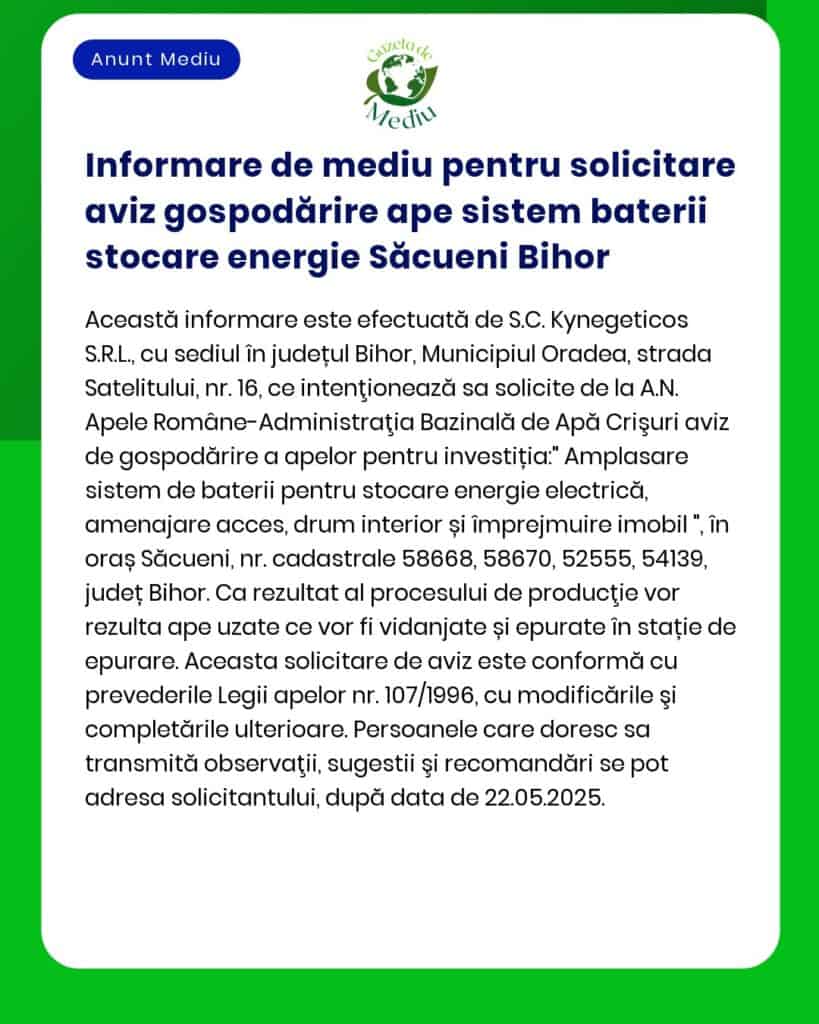 Informare de mediu pentru solicitare aviz gospodărire ape sistem bater