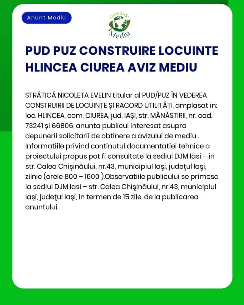 Titlul proiectului și titularul nu sunt specificate exact în textul anunțului Emitere acord de mediu pentru construirea locuințelor localitatea Ciurea județul Iași