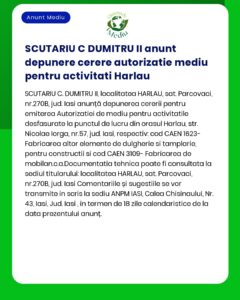 APM anunță depunerea solicitării de emitere a autorizației de mediu pentru desfășurarea activităților conform codurilor CAEN la punctul de lucru din Hârlău