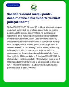 APM anunță depunerea solicitării de emitere a acordului de mediu pentru proiectul 'Lucrări de reprofilare albie și extragere agregate minerale din albia râului Siret' titular SC DAROCONSTRUCT SRL