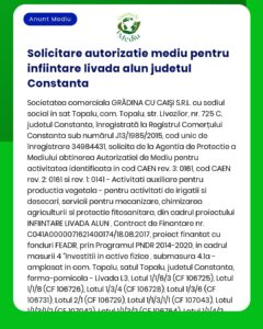 APM anunță depunerea solicitării de emitere a acordului de mediu pentru proiectul 'Înființare plantație alun' a propus a fi amplasat în comuna Topalu jud Constanța titular GRĂDINA CU CAIȘI SRL