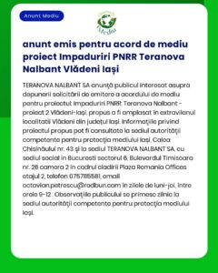 anunt emis pentru acord de mediu proiect Impaduriri PNRR Teranova Nalb