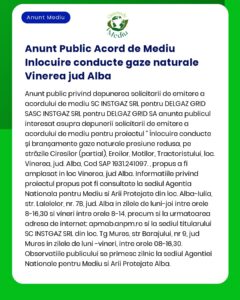 DELGAS GRID SA solicită de la APM emiterea acordului de mediu pentru proiectul 'Realizare conductă de gaze naturale presiune maximă de operare 4 bar alimentare cu gaze naturale localitatea Vinerea jud Alba'