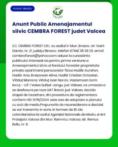Anunț privind amenajamentul silvic pentru județul Vâlcea incluzând detalii de contact și o listă a persoanelor cu drepturi de proprietate asupra fondului forestier