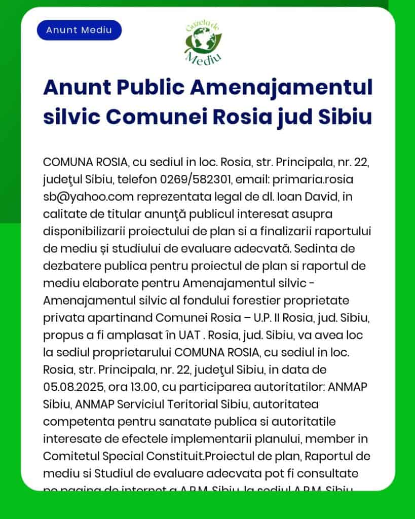 Anunt public privind amenajamentul silvic pentru comuna Rosia judetul Sibiu