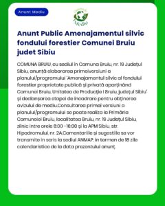 Anunț privind planul de amenajare a fondului forestier pentru comuna Bruiu, județul Sibiu, cu detalii privind consultarea publică, accesul la documente și programul pentru transmiterea observațiilor sau sugestiilor.