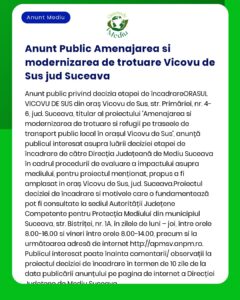 Modernizare trotuare etapizat în localitatea Vicovu de Sus județul Suceava nu se supune evaluării impactului asupra mediului