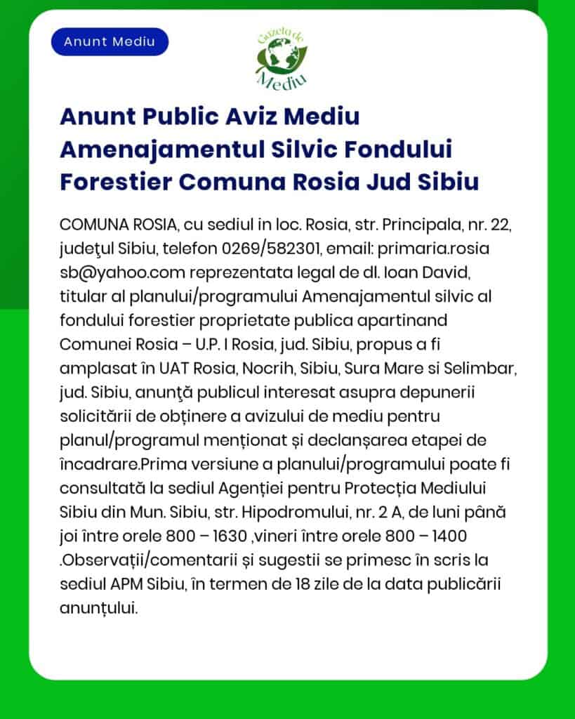 APM Sibiu anunță elaborarea planului de management al fondului forestier proprietate publică aparținăând comunei Roșia județul Sibiu