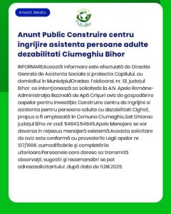 Anunt privind construirea unui centru de îngrijire pentru persoane adulte cu dizabilități în Ciumeghiu Bihor