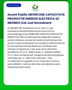 APM anunță depunerea solicitării de emitere a acordului de mediu pentru proiectul 'Înființare capacitate de producere energie electrică din surse regenerabile de energie solară și racord la SEN' propus a fi amplasat în comuna Ilia sat Ilia județul Hunedoara