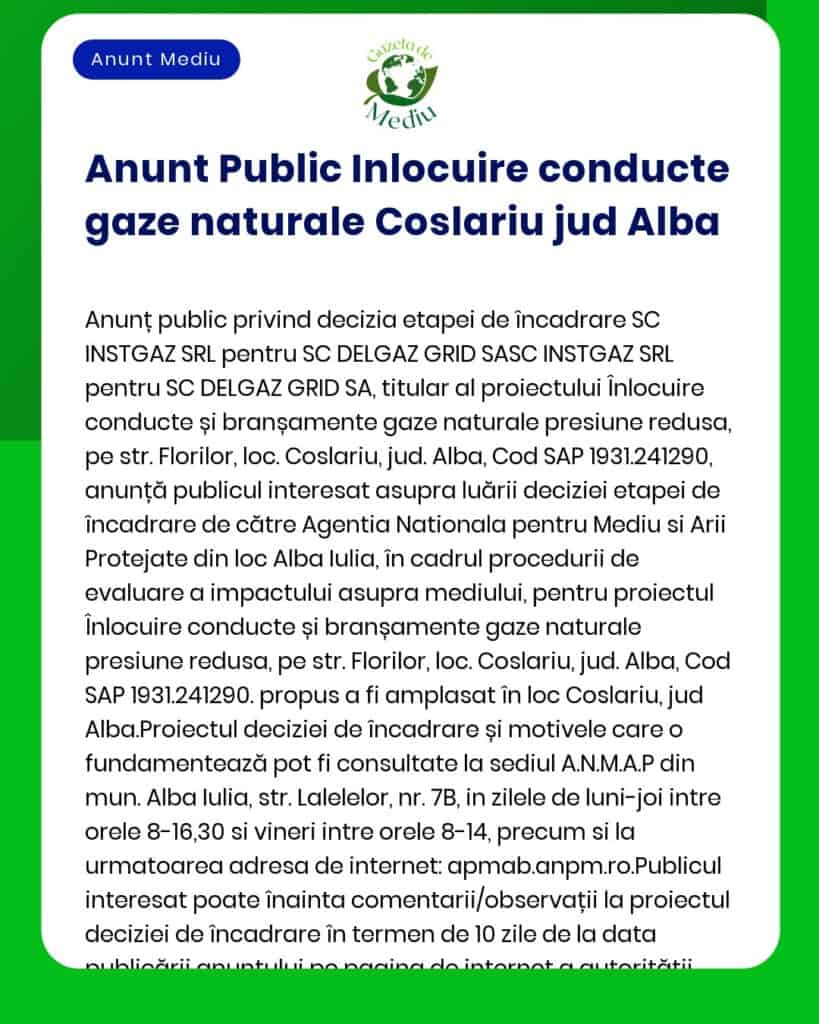 APM Alba anunță depunerea solicitării de emitere a acordului de mediu pentru proiectul 'Înlocuire conductă de distribuție gaze naturale și branșamente aferente localității Coșlariu' propus a fi amplasat în comuna Sântimbru sat Coșlariu județul Alba