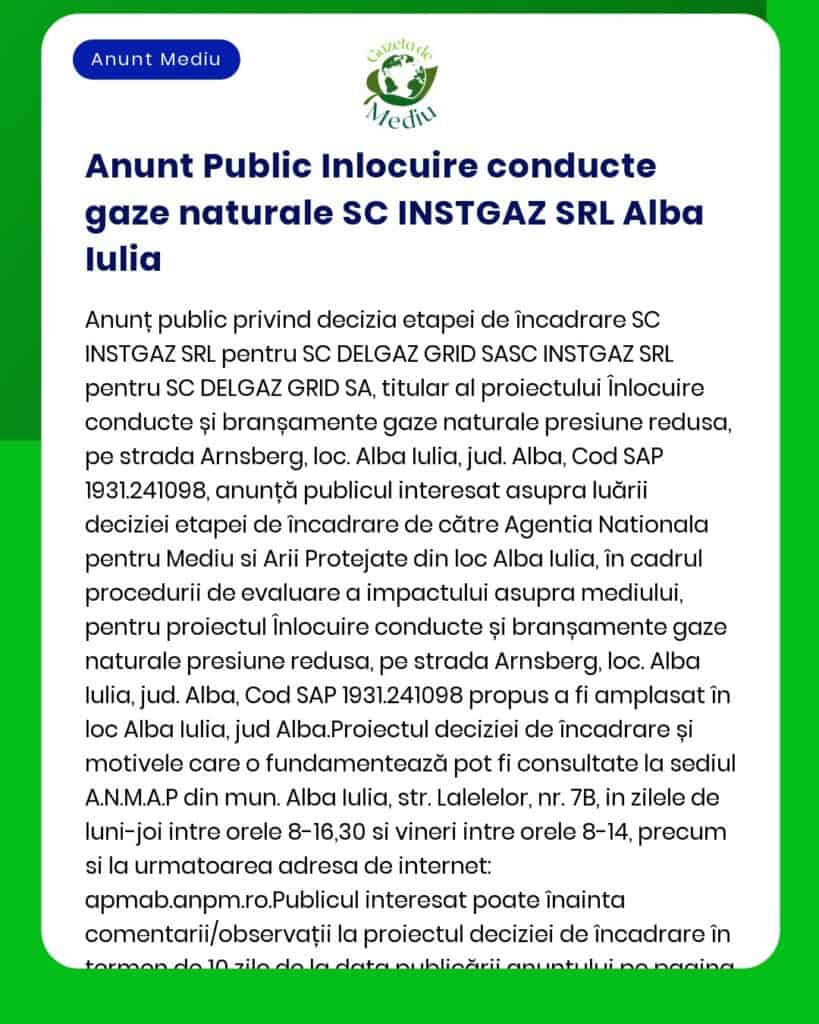APM Alba a decis că nu este necesară efectuarea evaluării impactului asupra mediului pentru proiectul 'Înlocuire conductă de gaze naturale pe strada Arnsberg municipiul Alba Iulia jud Alba' cod proiect 12345 titular SC Exemplu Gaz SRL