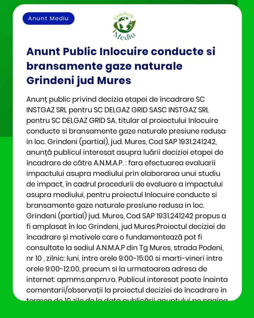 Un grafic informațional digital în limba română detaliază un anunț public privind înlocuirea conductelor de gaze naturale în Grindeni, județul Mureș. Textul explică etapele proiectului, evaluarea și drepturile publicului de a comenta. Există un antet și o margine de culoare verde.