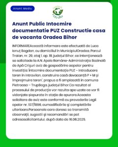 APM anunță de solicitări de emitere a acordului de mediu pentru proiectul 'Elaborare PUZ – construirea casei de vacanță' a propus a fi amplasat în municipiul Oradea județul Bihor