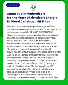 Proiectul Modernizare și eficientizare energetică a halei de producție propus de VIOREL CONSTRUCT SRL amplasat în municipiul Oradea județul Bihor este supus evaluării conform Legii nr 292/2018 privind evaluarea impactului anumitor proiecte publice și private asupra mediului