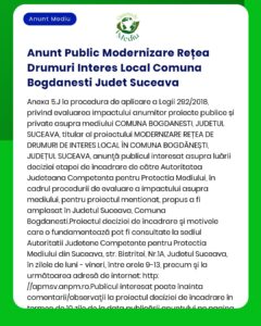 Modernizare drumuri de interes local în comuna Bogdănești județul Suceava APM anunță depunerea solicitării de emitere a acordului de mediu