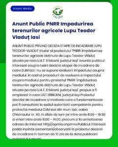 APM anunță luarea deciziei etapei de încadrare pentru teren extravilan categoria de folosință arabil proprietar Lupu Teodor-Vladut localitatea Erbiceni județul Iași aferent proiectului PNRR