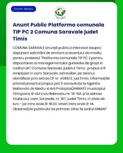 APM anunță decizia de emitere a acordului de mediu pentru proiectul Platformă comunală pentru depozitarea și gospodărirea gunoiului de grajd în comuna Saravale județul Timiș