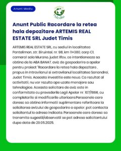APM anunță depunerea solicitării de emitere a acordului de mediu pentru proiectul Racord apă ARTEMIS REAL ESTATE SRL a propus a fi amplasat în județul Timiș date limită pentru primirea comentariilor fiind specificate în anunț