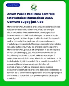 Realizare centrală electrică fotovoltaică la Mănăstirea Oașa comuna Șugag județul Alba