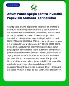 Titular Popoviciu Andrada-Sorina anunță depunerea solicitării de emitere a acordului de mediu pentru proiectul Împrejmuire teren și construire casă de locuit D+P+M a propus a fi amplasat în județul Bihor comuna Sânmartin sat Haieu nr cad 60358 60359