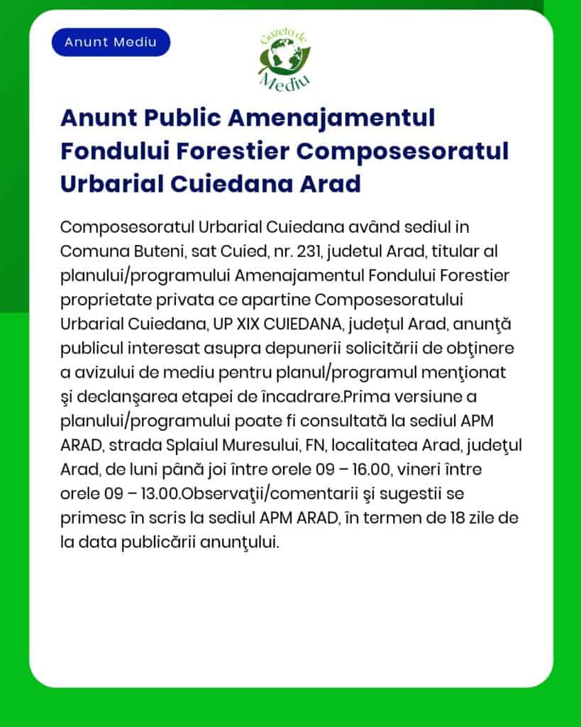 Anunt Public Amenajamentul Fondului Forestier Composesoratul Urbarial
