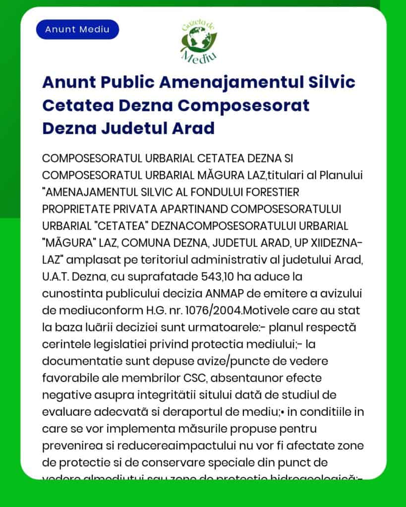 Anunt Public Amenajamentul Silvic Cetatea Dezna Composesorat Dezna Jud
