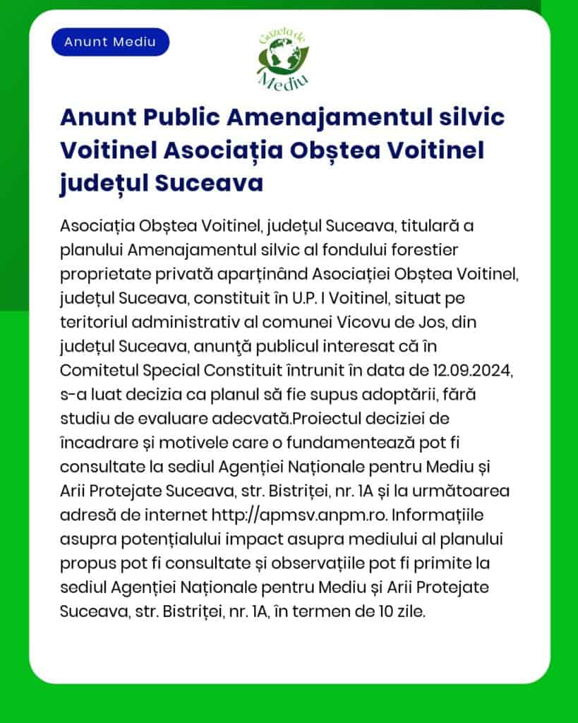 Anunt Public Amenajamentul silvic Voitinel Asociația Obștea Voitinel j