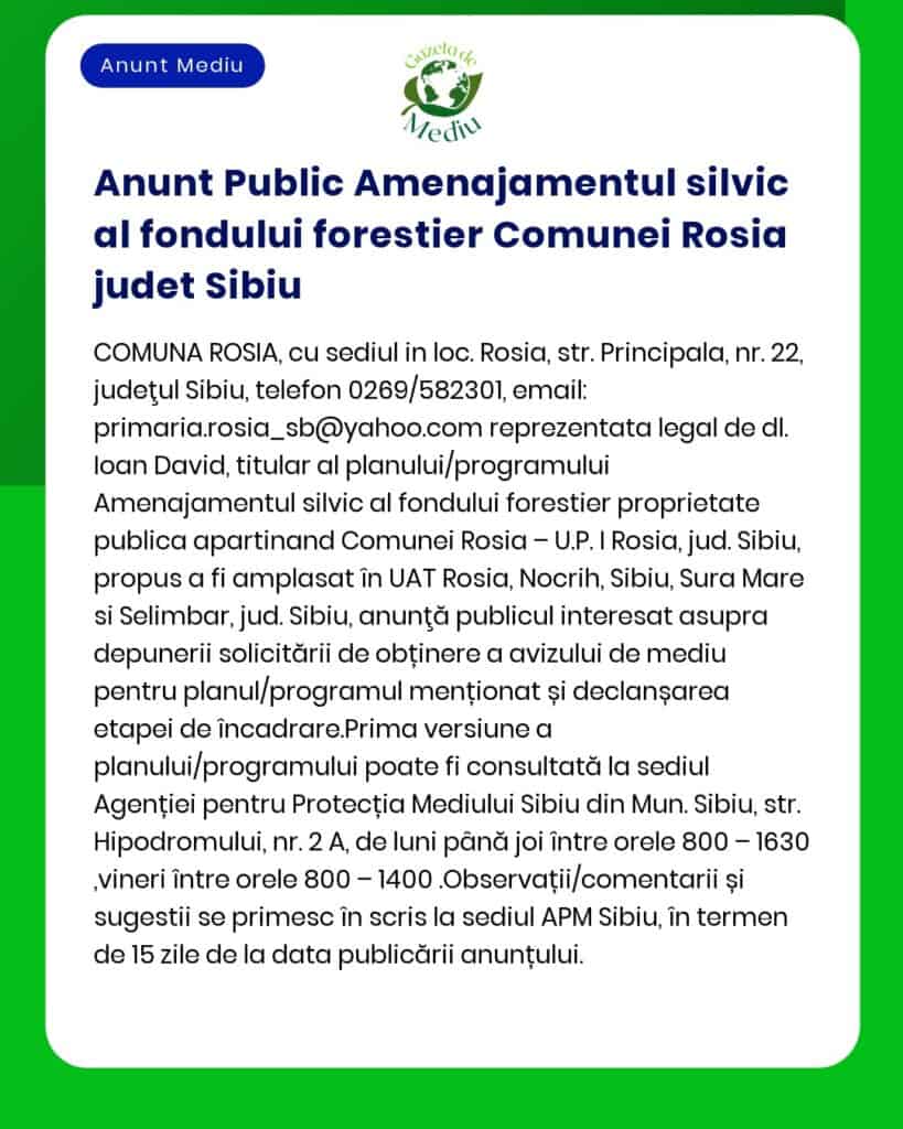 Anunt Public Amenajamentul silvic al fondului forestier Comunei Rosia