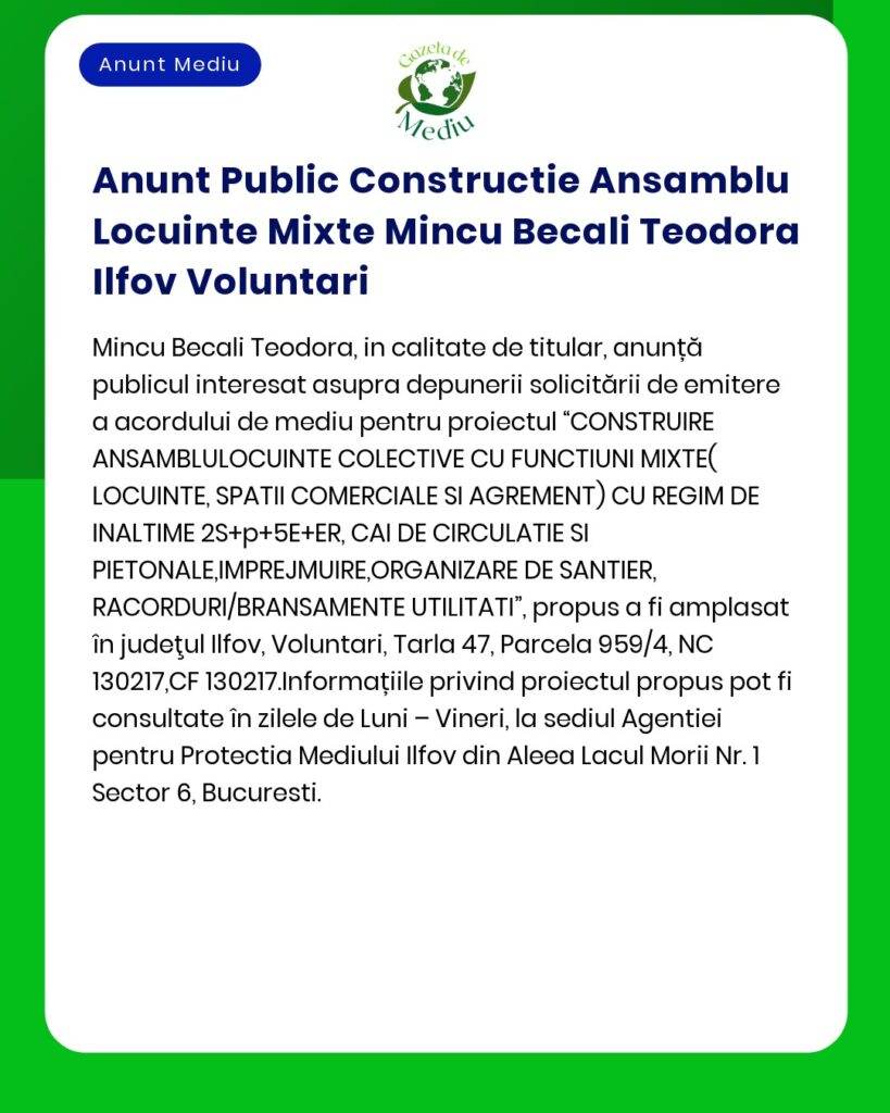 Anunt Public Constructie Ansamblu Locuinte Mixte Mincu Becali Teodora