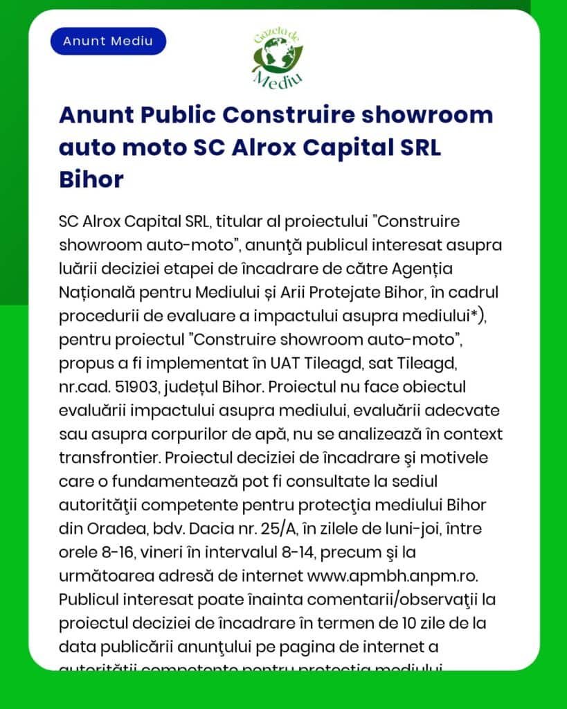 Anunt Public Construire showroom auto moto SC Alrox Capital SRL Bihor